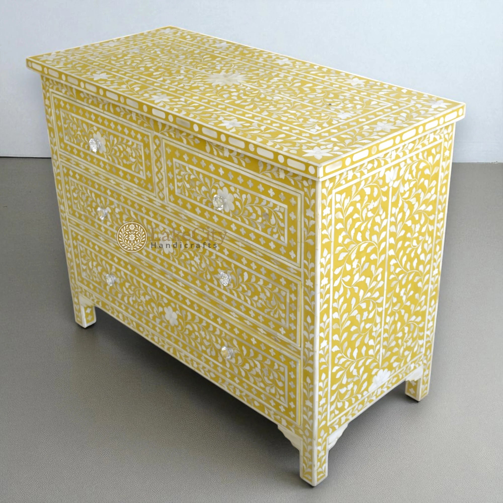 Bone Inlay Floral Chest Of 4 Drawer Yellow | Bone Inlay Floral 4 Drawer Dresser Table Yellow