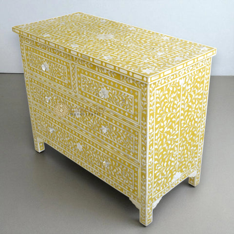 Bone Inlay Floral Chest Of 4 Drawer Yellow | Bone Inlay Floral 4 Drawer Dresser Table Yellow
