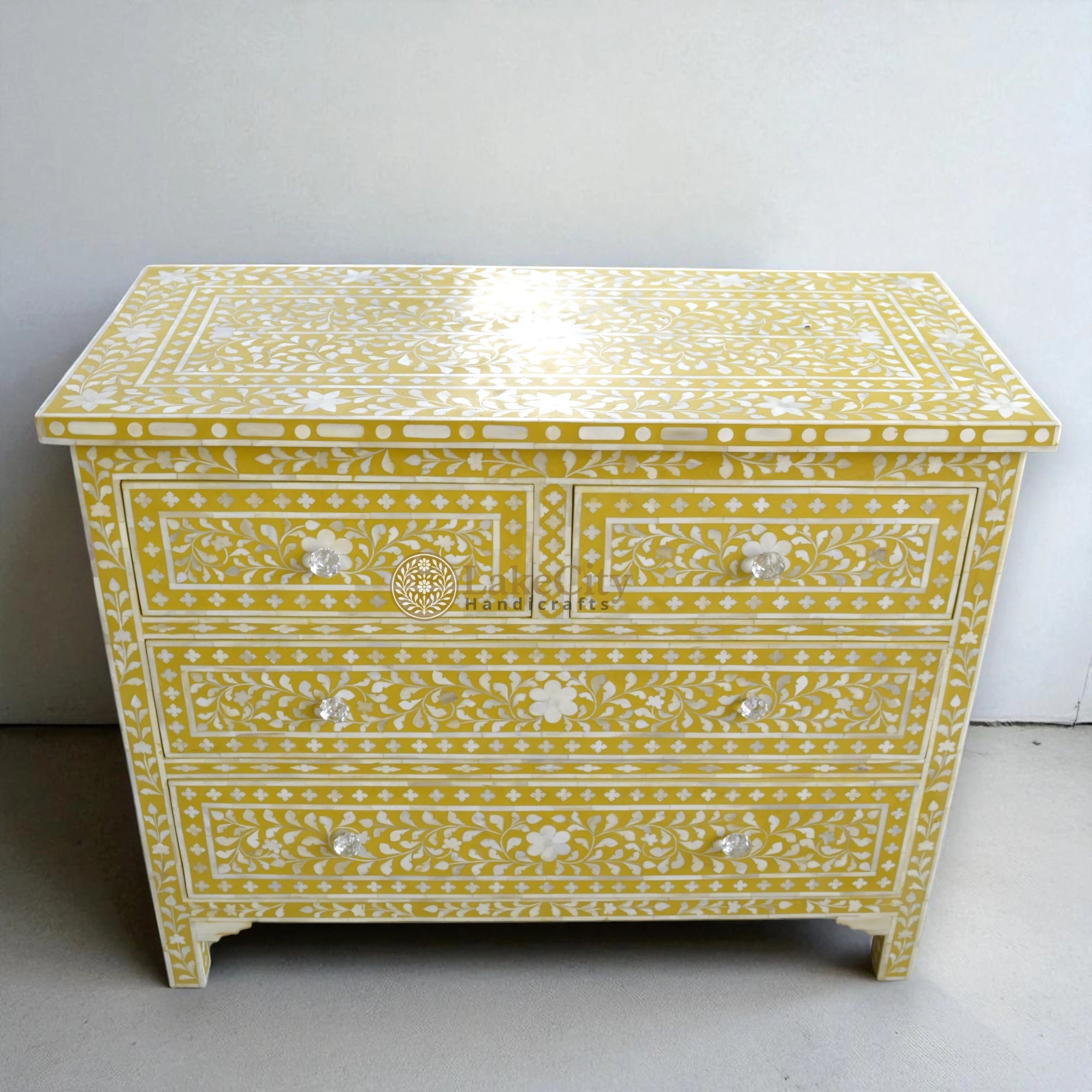 Bone Inlay Floral Chest Of 4 Drawer Yellow | Bone Inlay Floral 4 Drawer Dresser Table Yellow