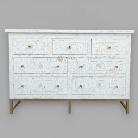 Bone Inlay Floral Chest of 7 Drawers Iron White