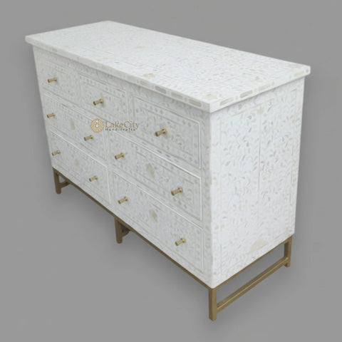 Bone Inlay Floral Chest of 7 Drawers Iron White