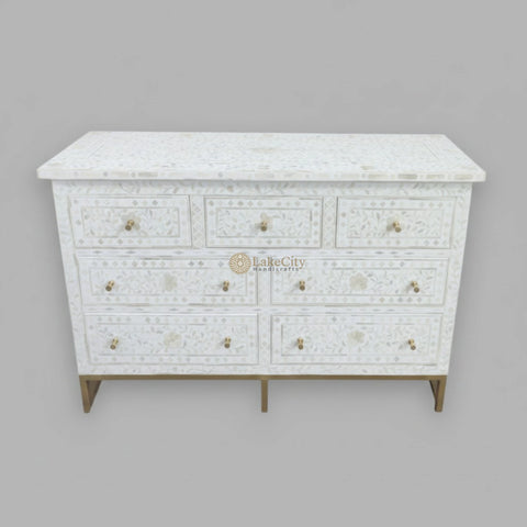 Bone Inlay Floral Chest of 7 Drawers Iron White