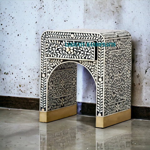 Bone Inlay Floral Design Waterfall 1 Drawer Bedside Table | Nightstand Table Black Grey