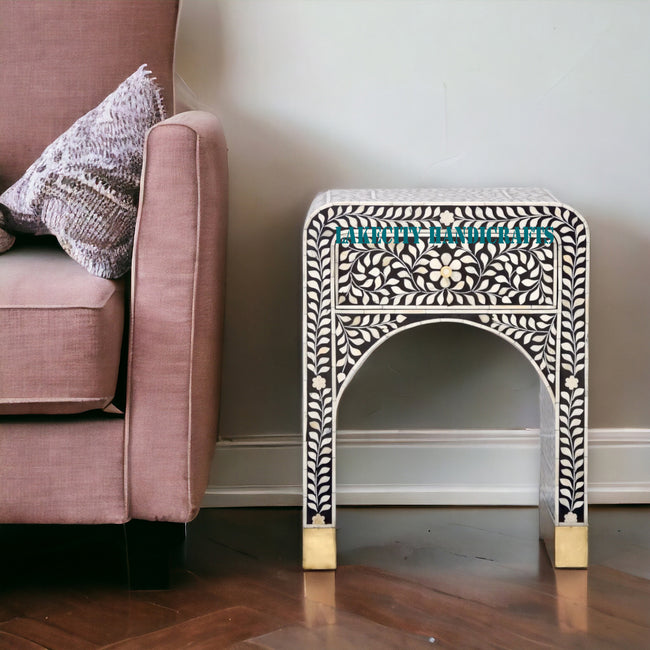 Bone Inlay Floral Design Waterfall 1 Drawer Bedside Table Black | Bone Inlay Floral Design Waterfall 1 Drawer Nightstand Table Black