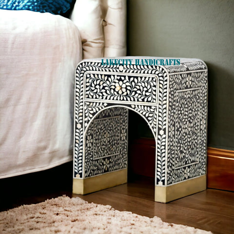 Bone Inlay Floral Design Waterfall 1 Drawer Bedside Table | Nightstand Table Black Grey