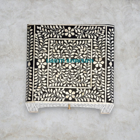 Bone Inlay Floral Design Waterfall 1 Drawer Bedside Table | Nightstand Table Black Grey