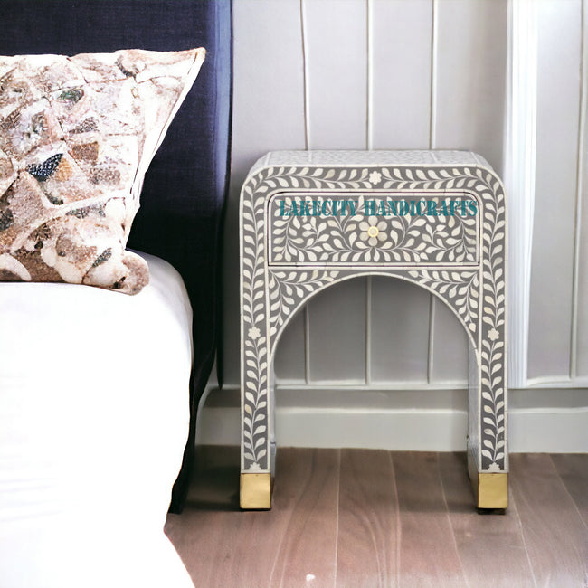 Bone Inlay Floral Design Waterfall 1 Drawer Bedside Table Grey | Bone Inlay Floral Design Waterfall 1 Drawer Nightstand Table Grey