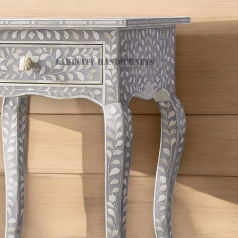 Bone Inlay Floral Design 1 Drawer Curved Long Leg Nightstand Table Grey | Bone Inlay Floral Design 1 Drawer Curved Long Leg Bedside Table Grey