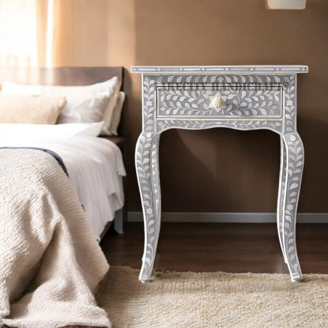 Bone Inlay Floral Design 1 Drawer Curved Long Leg Nightstand Table Grey | Bone Inlay Floral Design 1 Drawer Curved Long Leg Bedside Table Grey