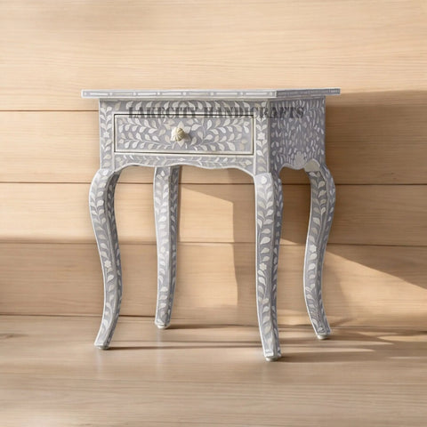 Bone Inlay Floral Design 1 Drawer Curved Long Leg Nightstand Table Grey | Bone Inlay Floral Design 1 Drawer Curved Long Leg Bedside Table Grey