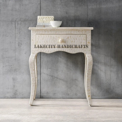 Bone Inlay Floral Design 1 Drawer Curved Long Leg Nightstand Table White | Bone Inlay Floral Design 1 Drawer Curved Long Leg Bedside Table White