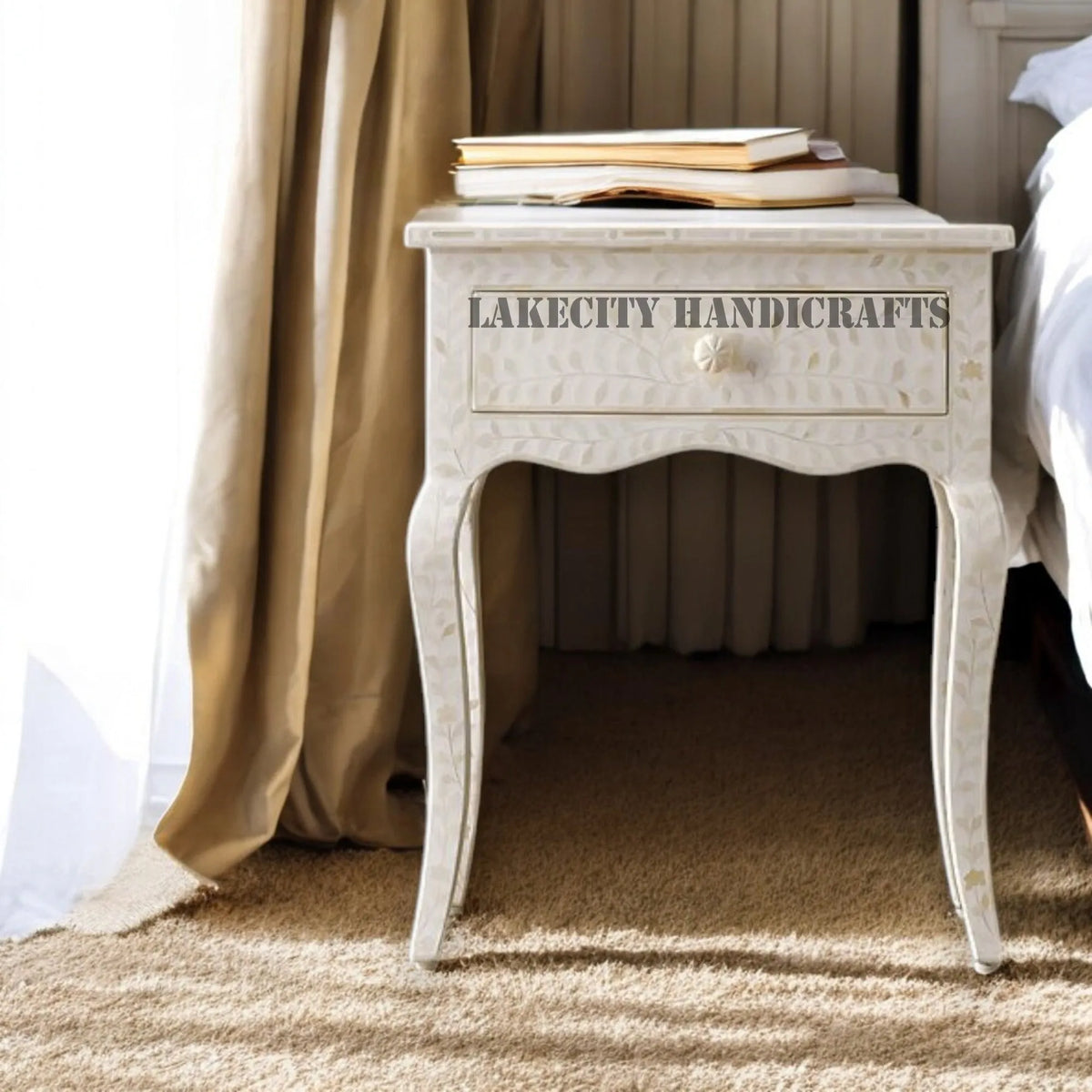 Bone Inlay Floral Design 1 Drawer Curved Long Leg Nightstand Table White | Bone Inlay Floral Design 1 Drawer Curved Long Leg Bedside Table White