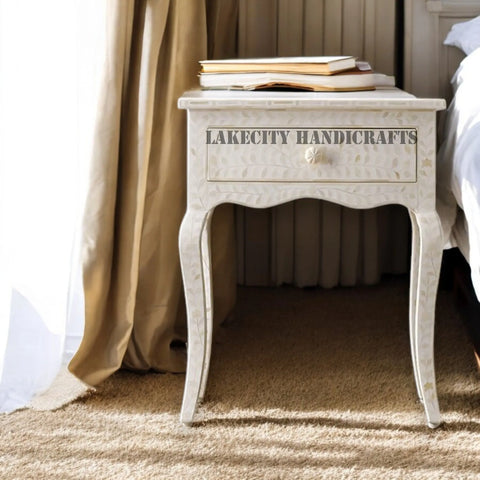 Bone Inlay Floral Design 1 Drawer Curved Long Leg Nightstand Table White | Bone Inlay Floral Design 1 Drawer Curved Long Leg Bedside Table White