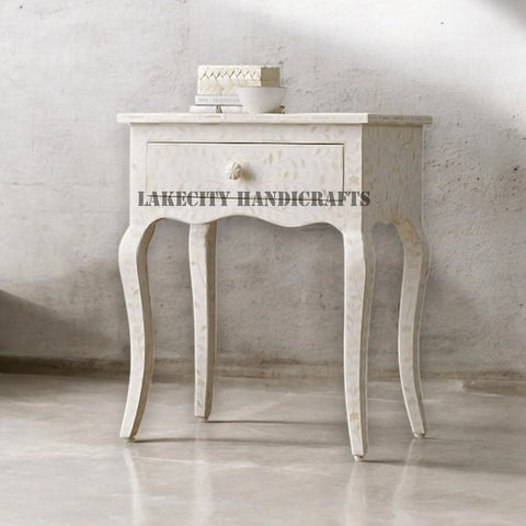 Bone Inlay Floral Design 1 Drawer Curved Long Leg Nightstand Table White | Bone Inlay Floral Design 1 Drawer Curved Long Leg Bedside Table White