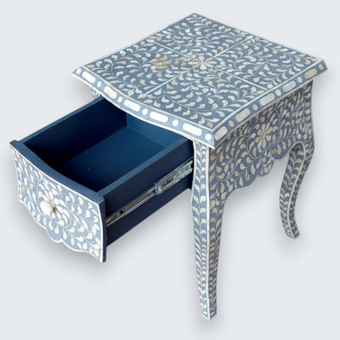 Bone Inlay Floral Design 1 Drawer French Legs Bedside Table Grey