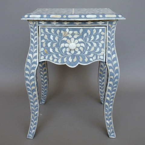 Bone Inlay Floral Design 1 Drawer French Legs Bedside Table Grey