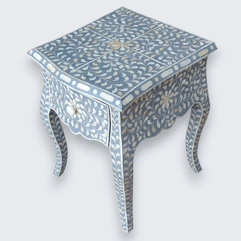 Bone Inlay Floral Design 1 Drawer French Legs Bedside Table Grey