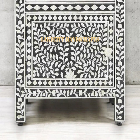 Bone Inlay Floral Design 1 Drawer & 1 Door Bedside Table Black | Bone Inlay Floral Design 1 Drawer & 1 Door Nightstand Table Black