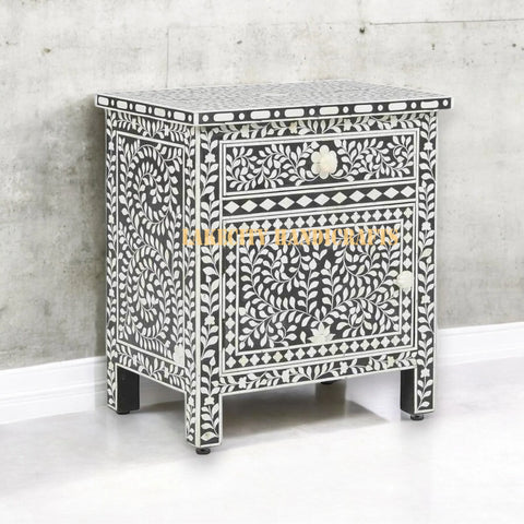 Bone Inlay Floral Design 1 Drawer & 1 Door Bedside Table Black | Bone Inlay Floral Design 1 Drawer & 1 Door Nightstand Table Black