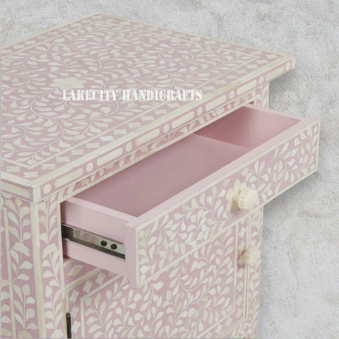 Bone Inlay Floral Design 1 Drawer 1 Door Bedside Table Blush Pink