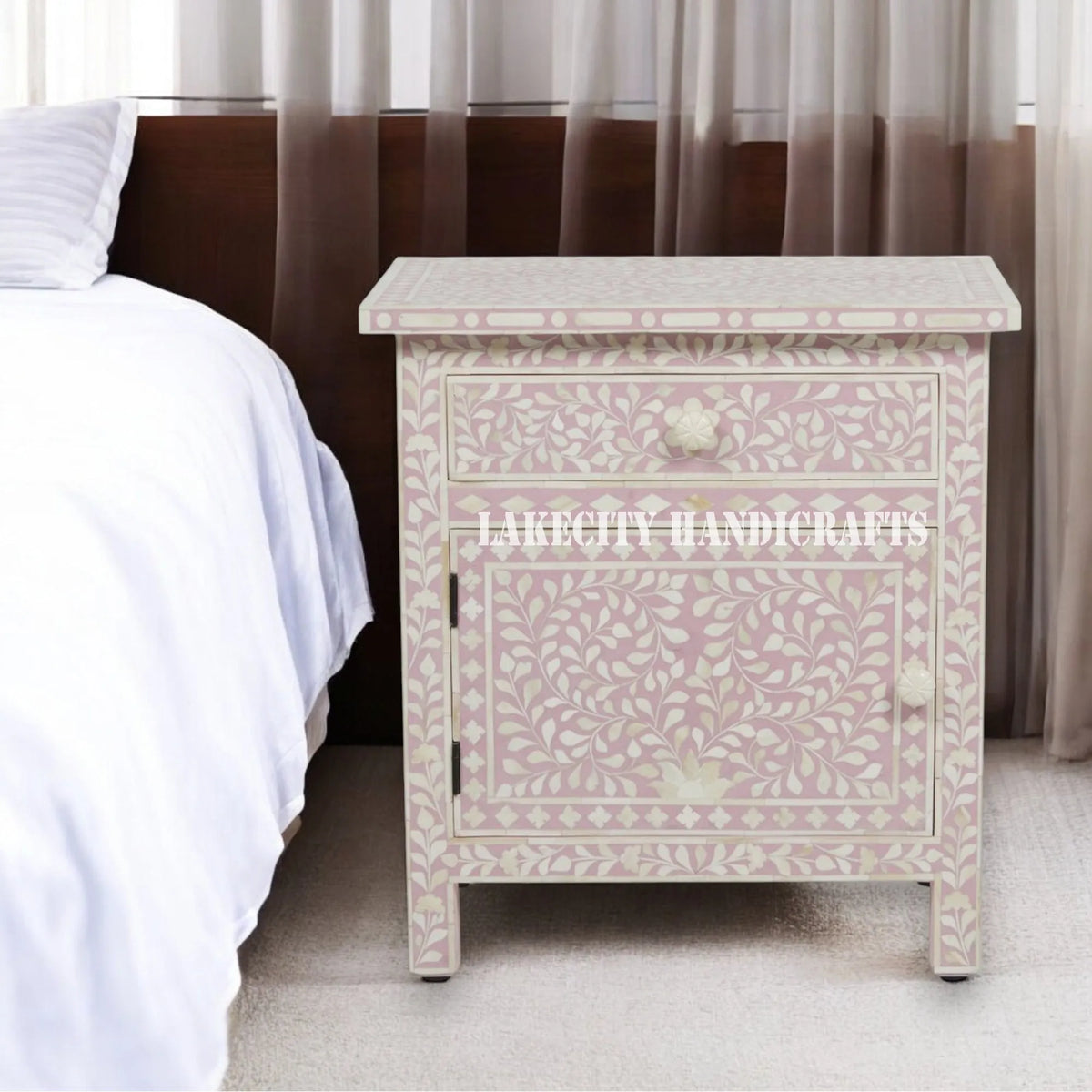 Bone Inlay Floral Design 1 Drawer 1 Door Bedside Table Blush Pink