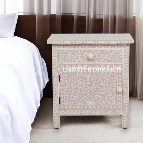 Bone Inlay Floral Design 1 Drawer 1 Door Bedside Table Blush Pink