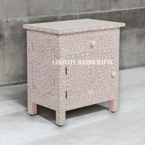 Bone Inlay Floral Design 1 Drawer 1 Door Bedside Table Blush Pink