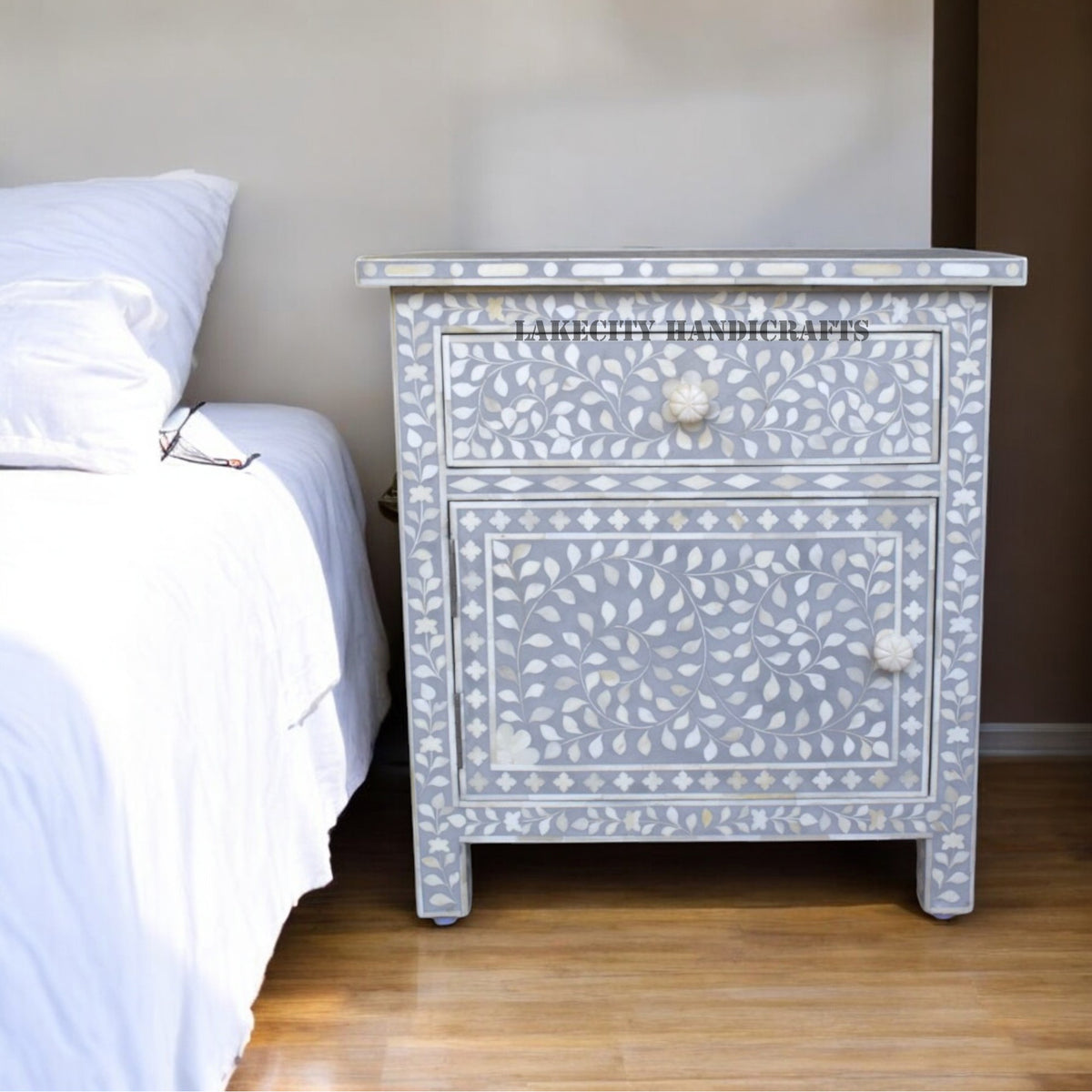Bone Inlay Floral Design 1 Drawer & 1 Door Bedside Table Grey | Bone Inlay Floral Design 1 Drawer & 1 Door Nightstand Table Grey