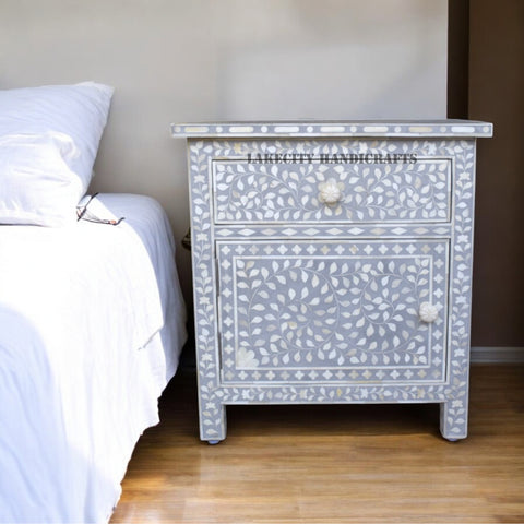 Bone Inlay Floral Design 1 Drawer & 1 Door Bedside Table Grey | Bone Inlay Floral Design 1 Drawer & 1 Door Nightstand Table Grey
