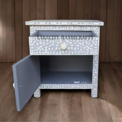 Bone Inlay Floral Design 1 Drawer & 1 Door Bedside Table Grey | Bone Inlay Floral Design 1 Drawer & 1 Door Nightstand Table Grey