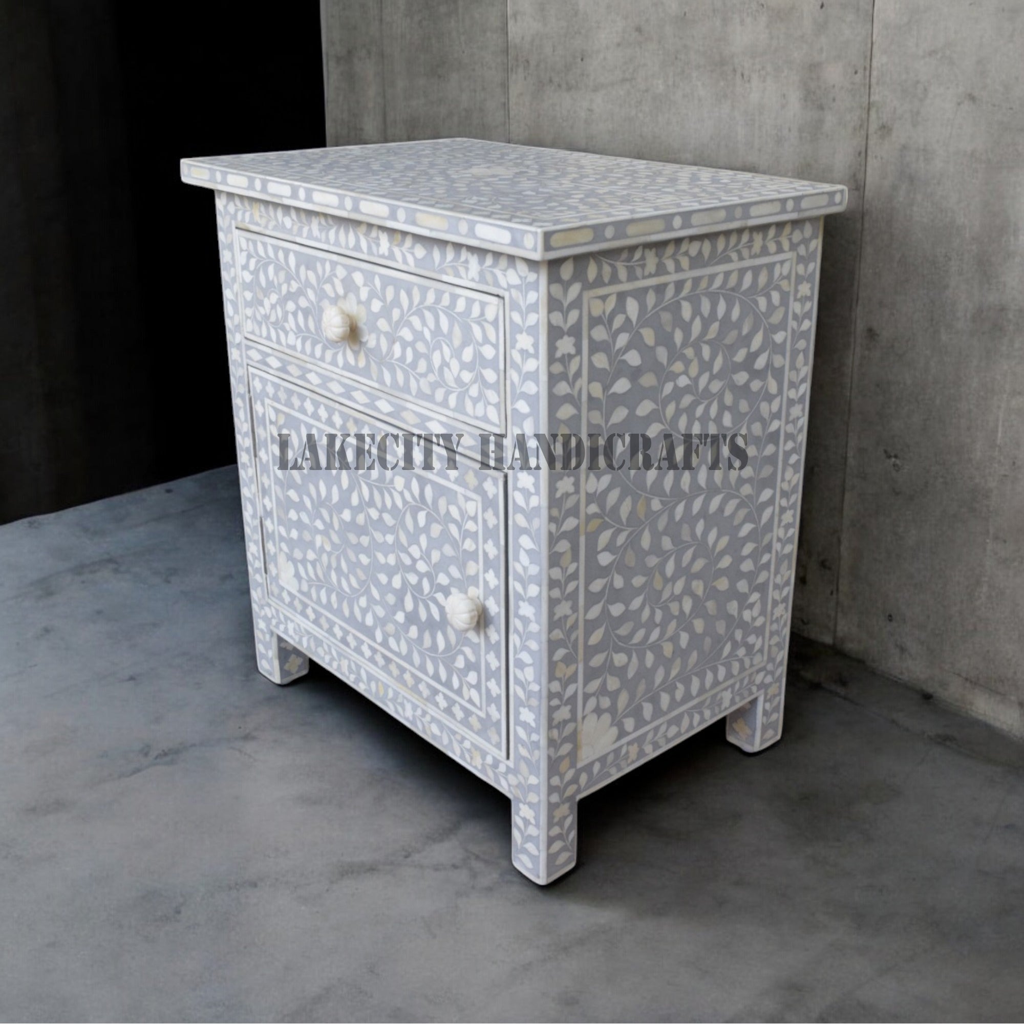 Bone Inlay Floral Design 1 Drawer & 1 Door Bedside Table Grey | Bone Inlay Floral Design 1 Drawer & 1 Door Nightstand Table Grey
