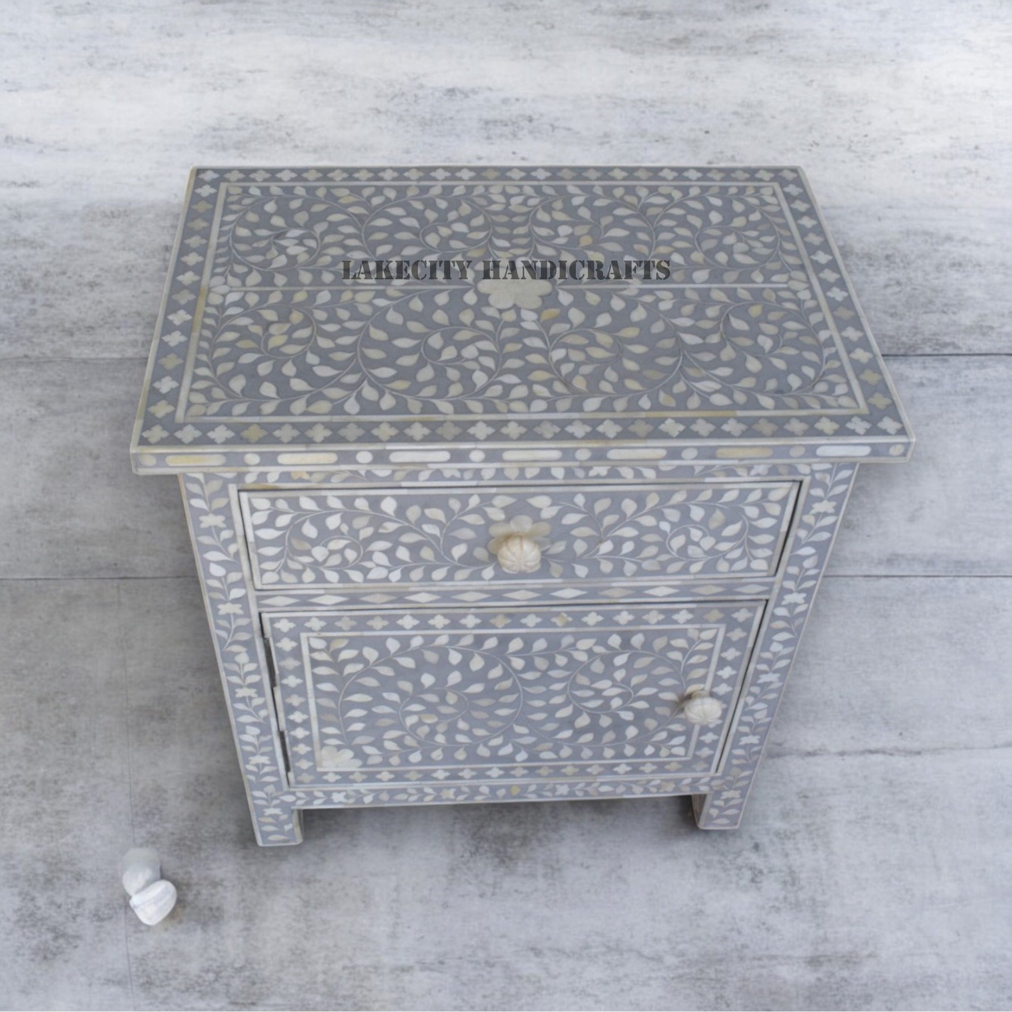 Bone Inlay Floral Design 1 Drawer & 1 Door Bedside Table Grey | Bone Inlay Floral Design 1 Drawer & 1 Door Nightstand Table Grey