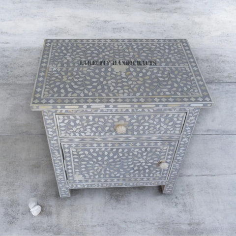 Bone Inlay Floral Design 1 Drawer & 1 Door Bedside Table Grey | Bone Inlay Floral Design 1 Drawer & 1 Door Nightstand Table Grey