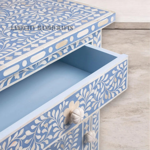 Bone Inlay Floral Design 1 Drawer & 1 Door Bedside Table Light Blue | Bone Inlay Floral Design 1 Drawer & 1 Door Nightstand Table Light Blue
