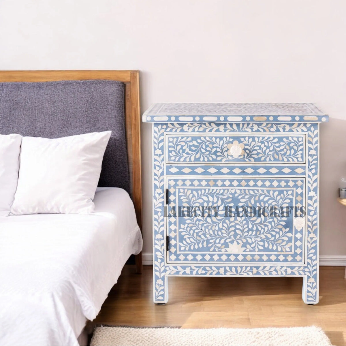 Bone Inlay Floral Design 1 Drawer & 1 Door Bedside Table Light Blue | Bone Inlay Floral Design 1 Drawer & 1 Door Nightstand Table Light Blue