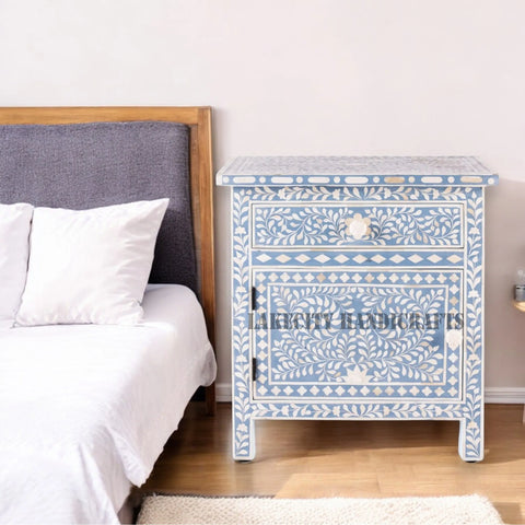 Bone Inlay Floral Design 1 Drawer & 1 Door Bedside Table Light Blue | Bone Inlay Floral Design 1 Drawer & 1 Door Nightstand Table Light Blue