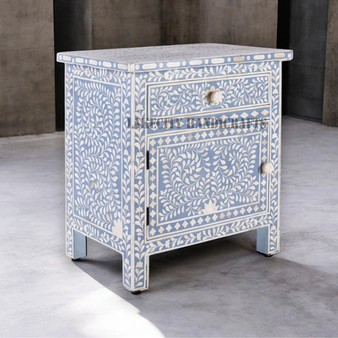 Bone Inlay Floral Design 1 Drawer & 1 Door Bedside Table Light Blue | Bone Inlay Floral Design 1 Drawer & 1 Door Nightstand Table Light Blue