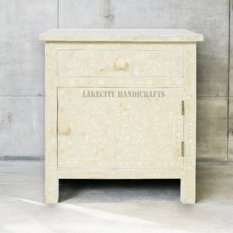 Bone Inlay Floral Design 1 Drawer & 1 Door Bedside Table Off-White | Bone Inlay Floral Design 1 Drawer & 1 Door Nightstand Table Off-White