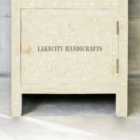 Bone Inlay Floral Design 1 Drawer & 1 Door Bedside Table Off-White | Bone Inlay Floral Design 1 Drawer & 1 Door Nightstand Table Off-White