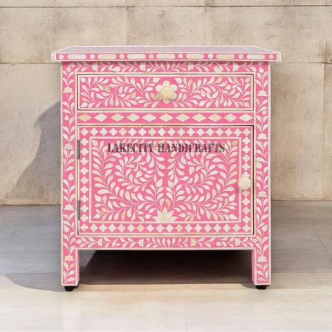 Bone Inlay Floral Design 1 Drawer & 1 Door Bedside Table Pink | Bone Inlay Floral Design 1 Drawer & 1 Door Nightstand Table Pink