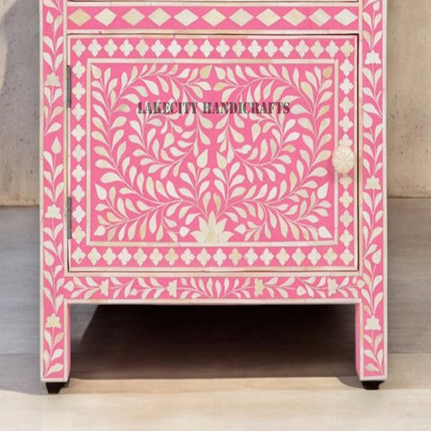 Bone Inlay Floral Design 1 Drawer & 1 Door Bedside Table Pink | Bone Inlay Floral Design 1 Drawer & 1 Door Nightstand Table Pink