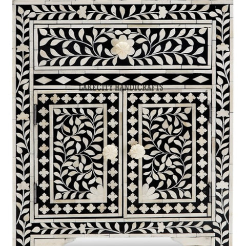 Bone Inlay Floral Design 1 Drawer & 2 Doors Bedside Table Black