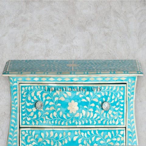 Bone Inlay Floral Design 2 Drawers Curved Legs Bedside Table Turquoise