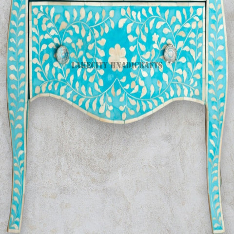 Bone Inlay Floral Design 2 Drawers Curved Legs Bedside Table Turquoise