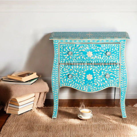 Bone Inlay Floral Design 2 Drawers Curved Legs Bedside Table Turquoise