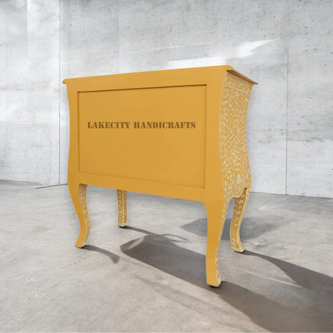 Bone Inlay Floral Design 2 Drawers Curved Legs Bedside Table Yellow