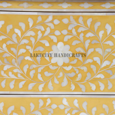Bone Inlay Floral Design 2 Drawers Curved Legs Bedside Table Yellow