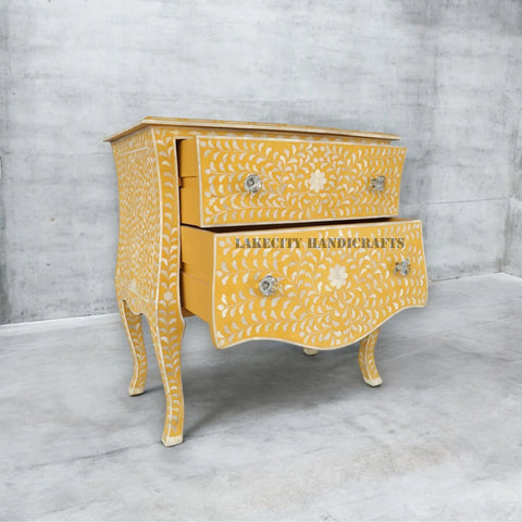 Bone Inlay Floral Design 2 Drawers Curved Legs Bedside Table Yellow