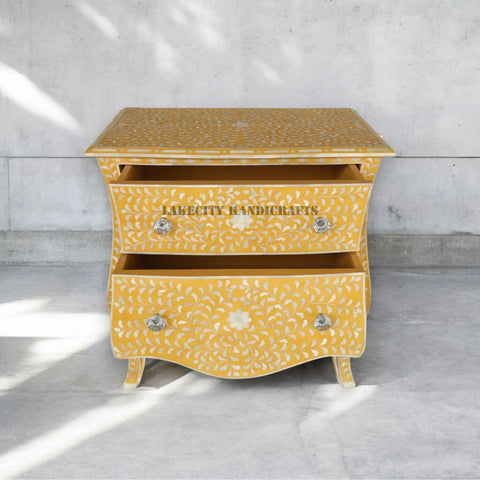 Bone Inlay Floral Design 2 Drawers Curved Legs Bedside Table Yellow