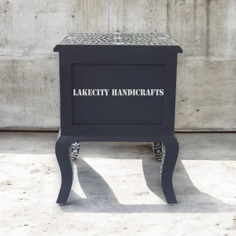 Bone Inlay Floral Design 2 Drawers Curved Leg Bedside Table Black